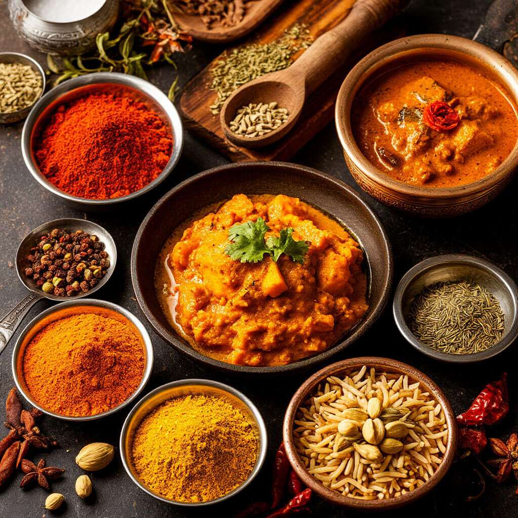 Traditional Indian kitchen with spices and cooking utensils