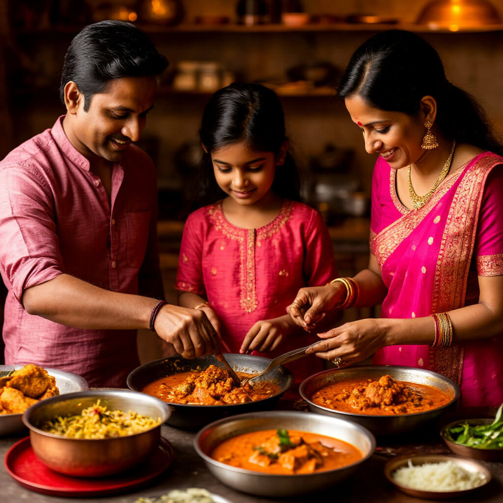 Family cooking together in traditional Indian kitchen